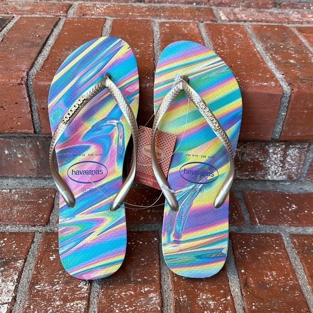 NWT Havaianas Slim Iridescent Flip Flop Sandals Lime Green Women’s Size 9/10 New - Picture 5 of 7
